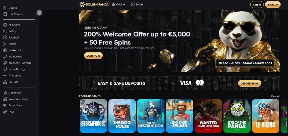 Golden Panda Casino homepage – bonus-rich site for Florida online casinos with daily free spins