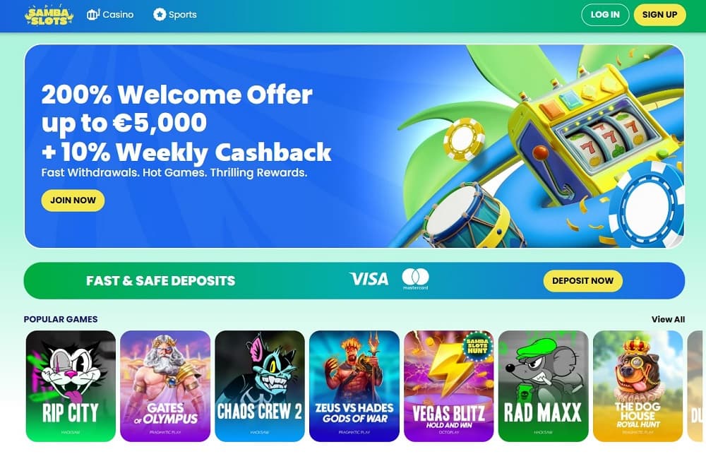 Samba Slots homepage screenshot – vibrant slot themes & events for Florida online casinos